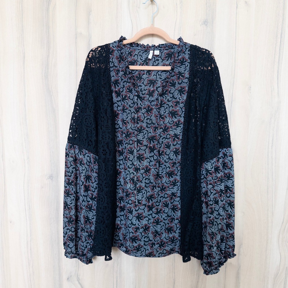 Womens‎ Floral Lace Boho Blouse 22/24W Black Peasant Mixed Print Flowy Romantic